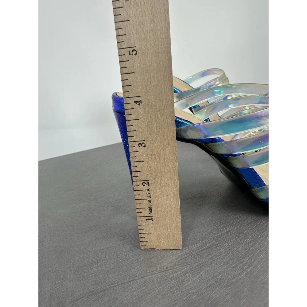 Allegra k Strappy Slide Sandals Holographic Metallic Blue Heels 6.5 Women's